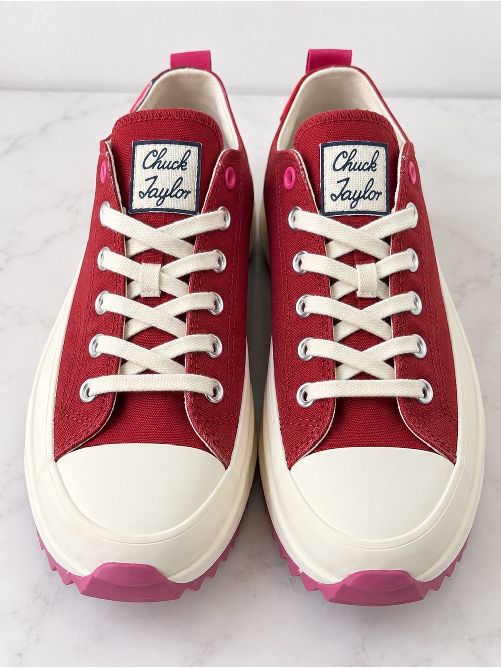 Converse Red Canvas Low-Top Sneakers with Pink Accents
